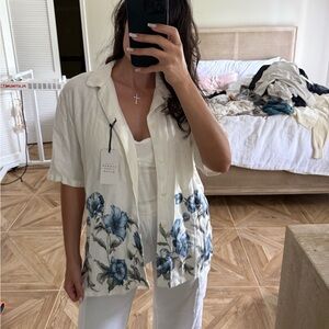 Floral White and Blue Linen Button-Up Shirt